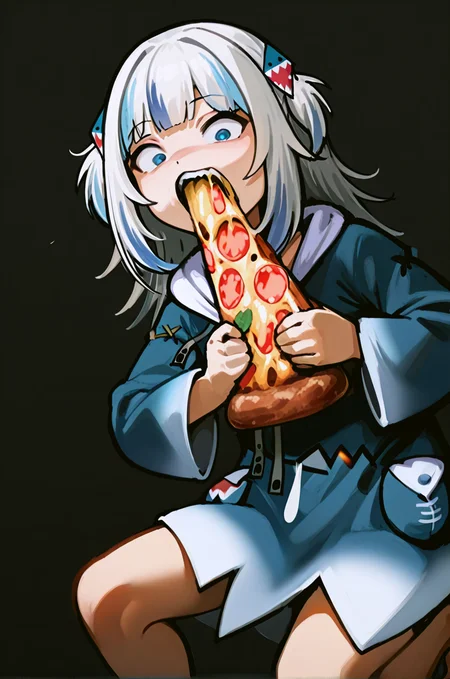 1girl, gawr gura \(1st costume\), hololive, sdhs, holding, holding food, holding pizza, pizza, eating, biting, black background, bare legs,  looking at viewer, hood down, feet out of frame, wide-eyed,   simple background, masterpiece, best quality, latest <lora:sdhs:1>