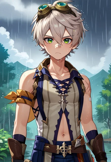 score_9, score_7_up, source_anime,
bennett, 1boy, male focus, solo, green eyes, grey hair, short hair, hair between eyes, bangs, goggles, goggles on head, bandaid, bandaid on nose, shirt, white shirt, sleeveless, collarbone, scar, scar on arm, midriff, navel, gloves, brown gloves, frown, wet, wet hair,
outdoor, nature, sky, rain, clouds, storm,