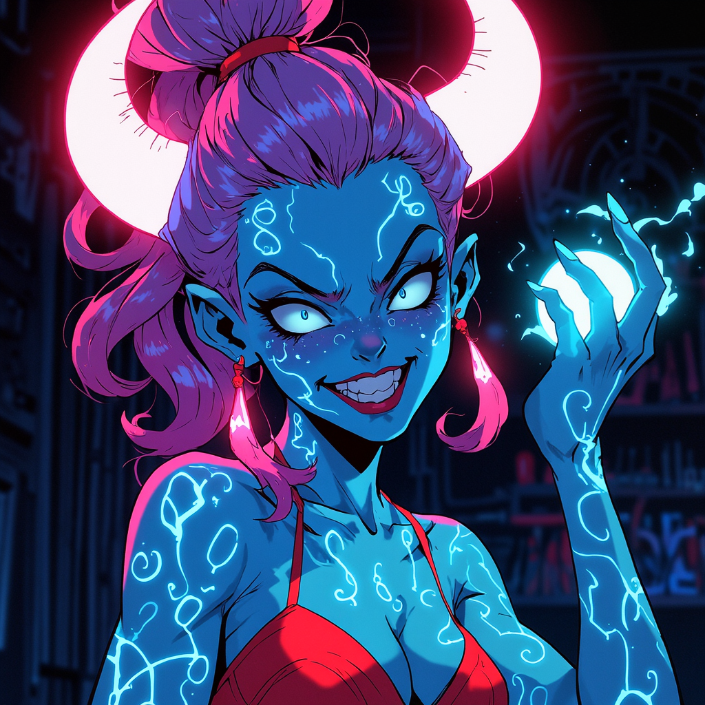 animeniji, AnimeNiji, anime, niji, (off-center composition, close up Portrait), her light blue skin is covered with glowing neon runes, her curly long hair of a pink-lilac shade is gathered high in a careless bunch, she has horns on her head, she is dressed in a red mini dress, she is in a nightclub, her face is well illuminated by neon lights, she smiles maliciously and casts a magic spell, vibrant colors, bold lines
