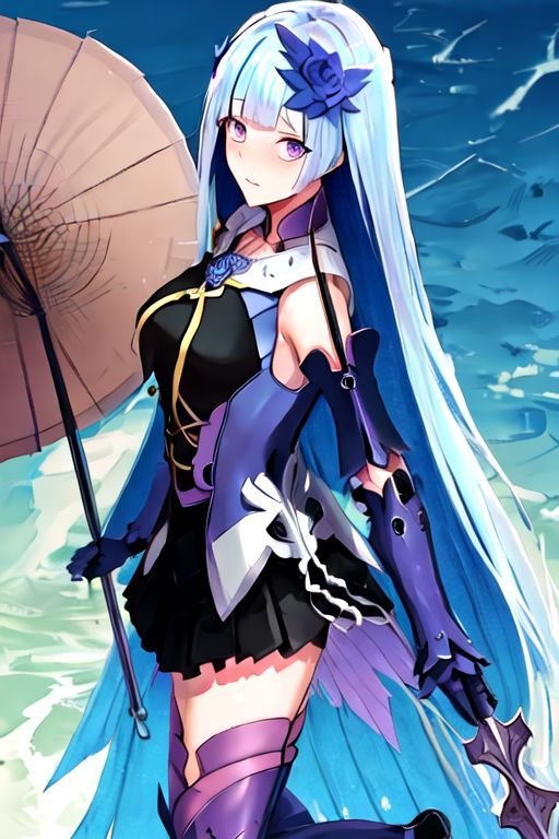 solo_focus, 1girl, (((masterpiece))), ((best quality)), ((ultra-detailed)), high resolution, absurdres, highres, ultra-detailed 8k unity wallpaper, 
brynhild_fgo, long_hair, purple_eyes, very_long_hair, breasts, bangs, blush, blue_hair