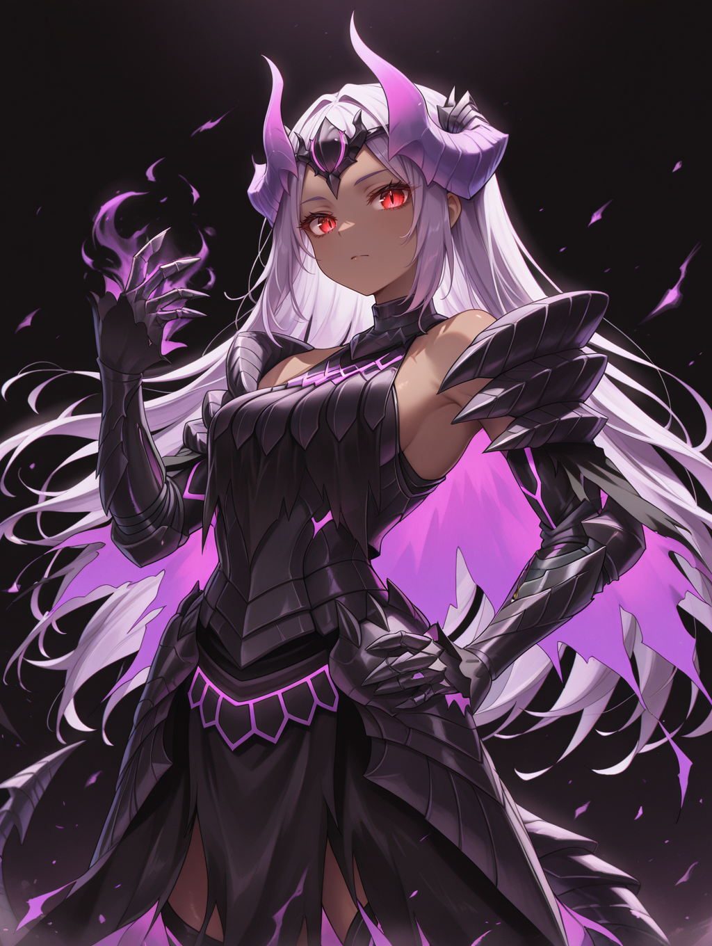 gore magala armor,1girl,red eyes,purple hair,solo,looking at viewer,long hair,hand up,glowing eyes,bare shoulders,slit pupils,dark-skinned female,hand on hip,black background,closed mouth,purple horn ornament,black cape,black breastplate,black armored gloves,black shoulder armor,black armored dress,dark_theme,purple bubble,
masterpiece,best quality,amazing quality,very aesthetic,apussbsurdres,newest,<lora:Gore Magala armor illuXL v1.2:0.75>,