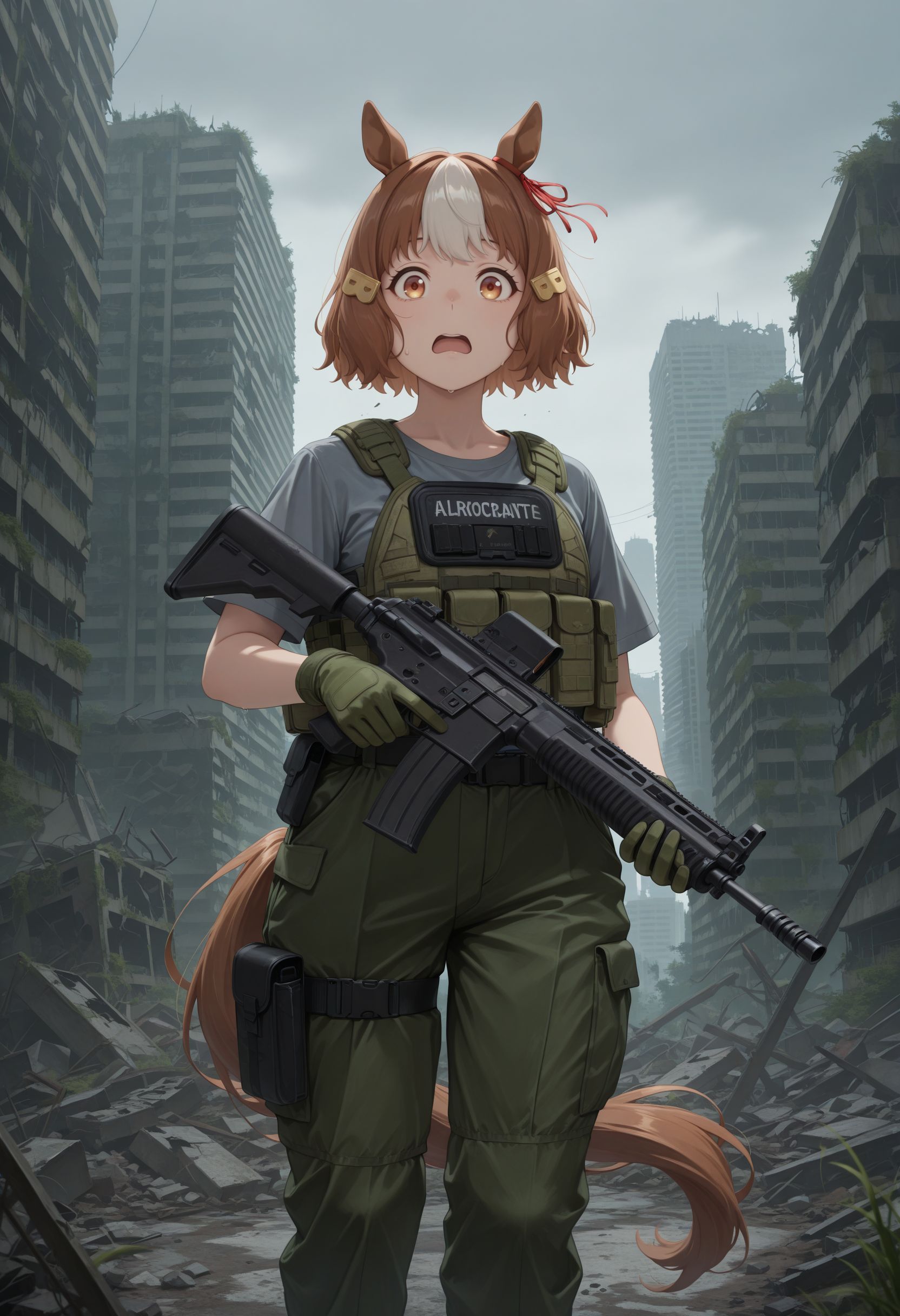 masterpiece, best quality, amazing quality, very awa,absurdres,newest,very aesthetic, looking at viewer,
 , <lora:Berno illu:1> 1girl, brown hair, white hair, multicolored hair, short hair, animal ears, horse girl, horse tail brown eyes, hair ornament,  bulletproof vest, chest harness, grey shirt, short sleeves, green gloves, green pants, cargo pants, thigh strap, thigh pouch, outdoors, grey sky, city, abandoned, debris, holding gun, assault rifle, post-apocalypse, ruins, skyscraper, overgrown, confused, wavy mouth, open mouth