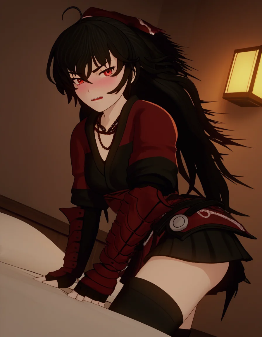 score_9, score_8_up, score_7_up, source_anime, <lora:raven-branwen-ponyxl-lora-nochekaiser:1>, raven branwen, long hair, black hair, ponytail, hair ribbon, ribbon, red eyes, ahoge,, thighhighs, japanese clothes, black thighhighs, fingerless gloves, armor, necklace, skirt, black skirt,, indoors, bed, bed room, on side, blush, drunk, looking at viewer, solo, cowboy shot, dutch angle