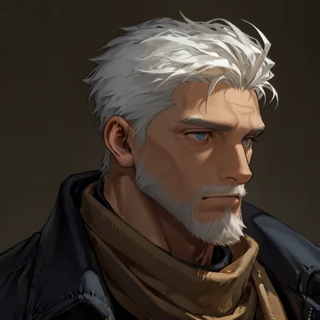 <lora:Igor_ÐÐ³Ð¾ÑÑ__Reverse1999:.75>, Igor (ÐÐ³Ð¾ÑÑ), White hair, blue eyes,, Black windbreaker, brown scarf, open clothing,
(very short hair, beard, bara, mature, facial hair, stubble, beard, full beard, sideburn, beard, a lot of beard, ), facial hair,male focus, muscular male, muscular male, bara, mature,  bara, mature, aixiwuganda_(20222192), very awa, masterpiece, best quality, absurdres, newest, perfect quality, detailed background, intricate details,
<lora:slider_Body Type_alpha1.0_rank4_noxattn_last:3><lora:Anime Summer Days 2 Style SDXL_LoRA_Pony Diffusion V6 XL:.6><lora:slider_cfg_scale_boost:.7><lora:Artist6p:.55>, Artist6p, Artist04p,<lora:slider_il_brightness_slider_d1:-1><lora:slider_il_contrast_slider_d1:-1><lora:slider_DarkSlider1.2_alpha1.0_rank16_full_300steps:-.6>