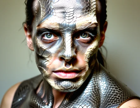 portrait iron skin, snake skin
metal eyes