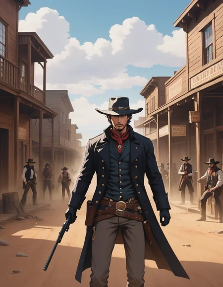 An anime illustration of a wild west showdown, gunslingers, tense atmosphere, dusty main street