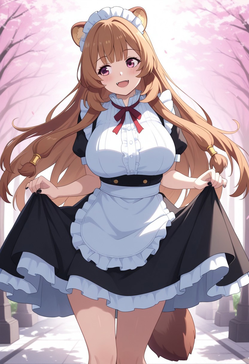 masterpiece, cute, lovely, (best quality:1.3), (amazing quality:1.3), very aesthetic, 1girl, (Kamuo_Style), anime screencap, raphtalia, raccoon ears, fluffy racoon tail, breasts, smiling, open eyes, big eyes, big breasts, blush, close mouth, happy, excited, cell shading BREAK, cherry blossoms background, leaning back, leaning to the side, fangs, smile, black nails, free pose, delicate skin texture, fair skin, delicate face, long eyelashes, pastels, bright tones, wind, light particles, light, bright tones, motion lines, extremely detailed, intricate, delicate details, movie lighting, very beautiful, absurd, dynamic graphics, dynamic angles, special movements, dynamic poses, action poses, dynamic movements, (Illustration: 1.2), (8K Wallpaper), (Beautiful, pretty eyes: 1.2), Delicate eyes, beautiful, soft colors, clear line, soft, pastel, colorful, posing, shadow, head tilted, looking away, standing, upper body , front view, maid uniform, black thighs, maid headwear, apron, loafer, contrapposto, medium long dress, shaded, back lights, lifted by self,