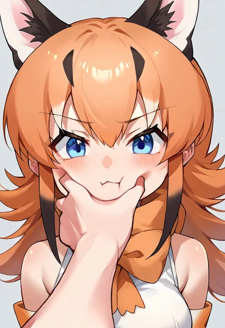 score_9, score_8_up, score_7_up, source_anime, 1girl, povcheekgrabbing, solo focus, hand on another's face, caracal (kemono friends), animal ears, animal ear fluff, orange hair, tail, blue eyes, long hair, multicolored hair, white shirt, sleeveless shirt, orange skirt, skirt, orange bowtie, elbow gloves, bare shoulders, thighhighs, shoes,