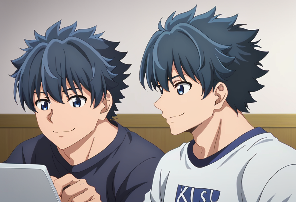 score_9,  <lora:Rakuro_Hizutome:1> rakuro hizutome, 1boy, anime coloring, bangs, black hair, black shirt, closed mouth, fujimaru ritsuka (male), indoors, male focus, rakuro hizutome, shirt, sitting, smile, t-shirt, upper body, white shirt
