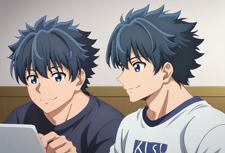 score_9, <lora:Rakuro_Hizutome:1> rakuro hizutome, 1boy, anime coloring, bangs, black hair, black shirt, closed mouth, fujimaru ritsuka (male), indoors, male focus, rakuro hizutome, shirt, sitting, smile, t-shirt, upper body, white shirt