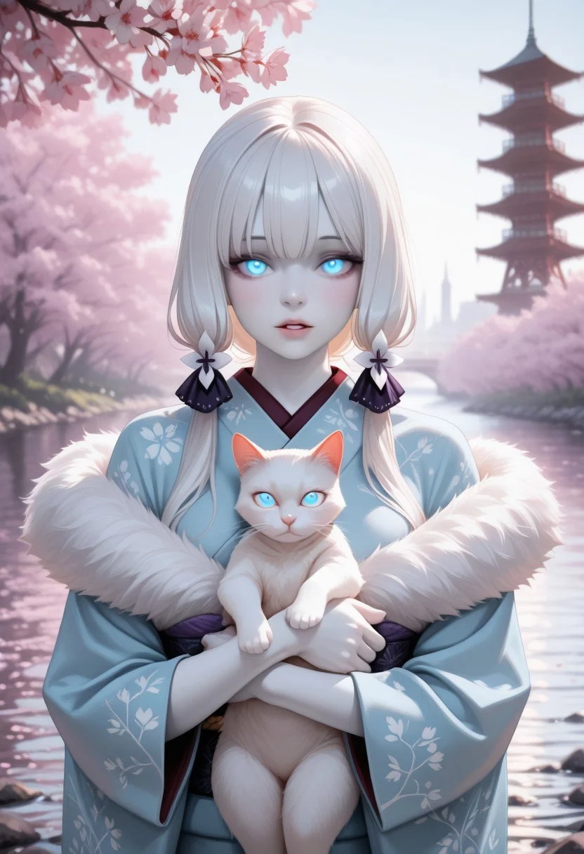 lazypos, perfect anatomy, absolutely eye-catching, ambient occlusion, amazing quality, best quality, very awa,
1girl, solo, Blushing, long hair, white hair, collored skin, white skin, pale skin, looking at viewer, parted lips, blonde hair, blue eyes, glowing eyes, cute, kimono, off shoulder's kimono, light blue kimono, fur trimmed kimono, holding cat, white cat, Cherry blossom tree, tower, river,
<lora:super_secret_lora_not_released:2> <lora:TrendCraft_The_Peoples_Style_Detailer-v2.3I-4_15_2025-Illustrious:0.4>