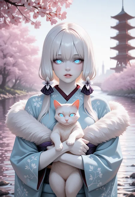 lazypos, perfect anatomy, absolutely eye-catching, ambient occlusion, amazing quality, best quality, very awa,
1girl, solo, Blushing, long hair, white hair, collored skin, white skin, pale skin, looking at viewer, parted lips, blonde hair, blue eyes, glowing eyes, cute, kimono, off shoulder's kimono, light blue kimono, fur trimmed kimono, holding cat, white cat, Cherry blossom tree, tower, river,
 <lora:super_secret_lora_not_released:2> <lora:TrendCraft_The_Peoples_Style_Detailer-v2.3I-4_15_2025-Illustrious:0.4>
