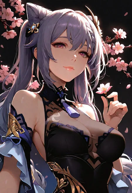 1girl, Keqing Genshin Impact, wearing Ganyu's Frostdew Tail outfit, mature adult body, lips, thin lips, solo, looking at viewer, charming smile, holding flower, chupa chups, upper body, from below, back lighting, dark, multicolored background, masterpiece, cherry blossom, best quality, very aesthetic