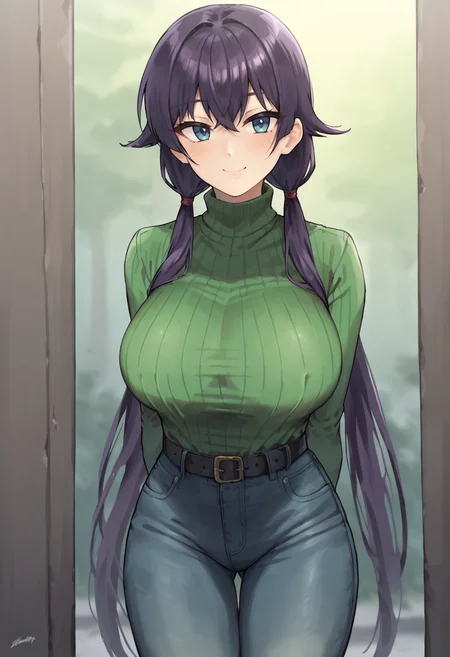 score_9, score_7_up,  1girl, 
huge breasts, wide hips, thick thighs, turtleneck sweater, pants, blush, belt, green sweater, cowboy shot, meme attire, curvy, smile, very long hair, arms behind back, long hair, solo, low twintails, thighs, standing, ribbed sweater, twintails, contrapposto, blue eyes, purple hair, turtleneck, blue pants, denim, sweater, looking at viewer, breasts, open-chest sweater, jeans, closed mouth
 <lora:kaedeko_(kaedelic)-Style-PonyXL-GLoRA-v1.2-000044:1>