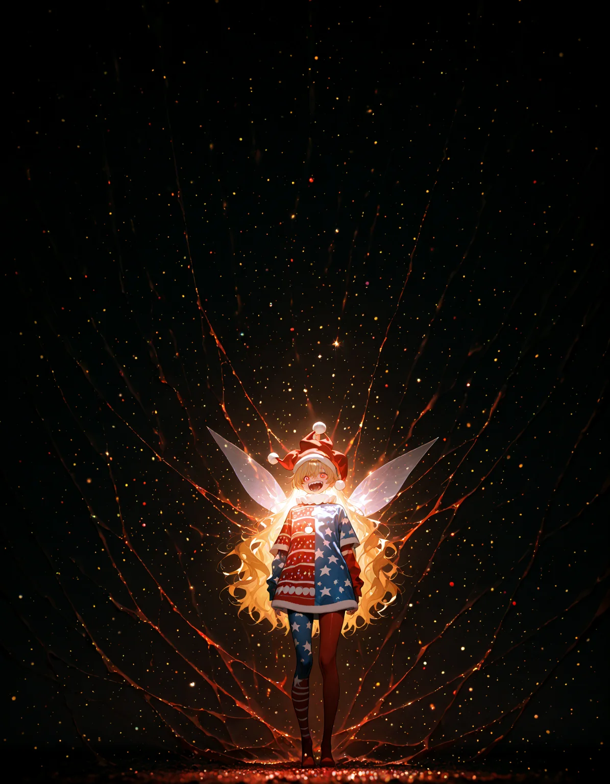 Christmas, dress, red pantyhose ,santa_hat ,Christmas sweater,
1girl, solo, clownpiece, soft lighting, crazy ,
masterpiece, best quality, amazing quality, very aesthetic, absurdres, newest, (volumetric lighting),
<lora:world_christmassweater:0.5>,<lora:cfg_scale_boost:0.5>, <lora:ponyv5_noobE11_1_adamW:0.5>, <lora:illustrious_noobai_epsilon_pred_1_best_quality_v1:0.5> ,<lora:illustrious_noobai_epsilon_pred_1_masterpieces_v1:0.5> ,<lora:illustrious_noobai_epsilon_pred_11_very_aesthetic_v1:0.5>
