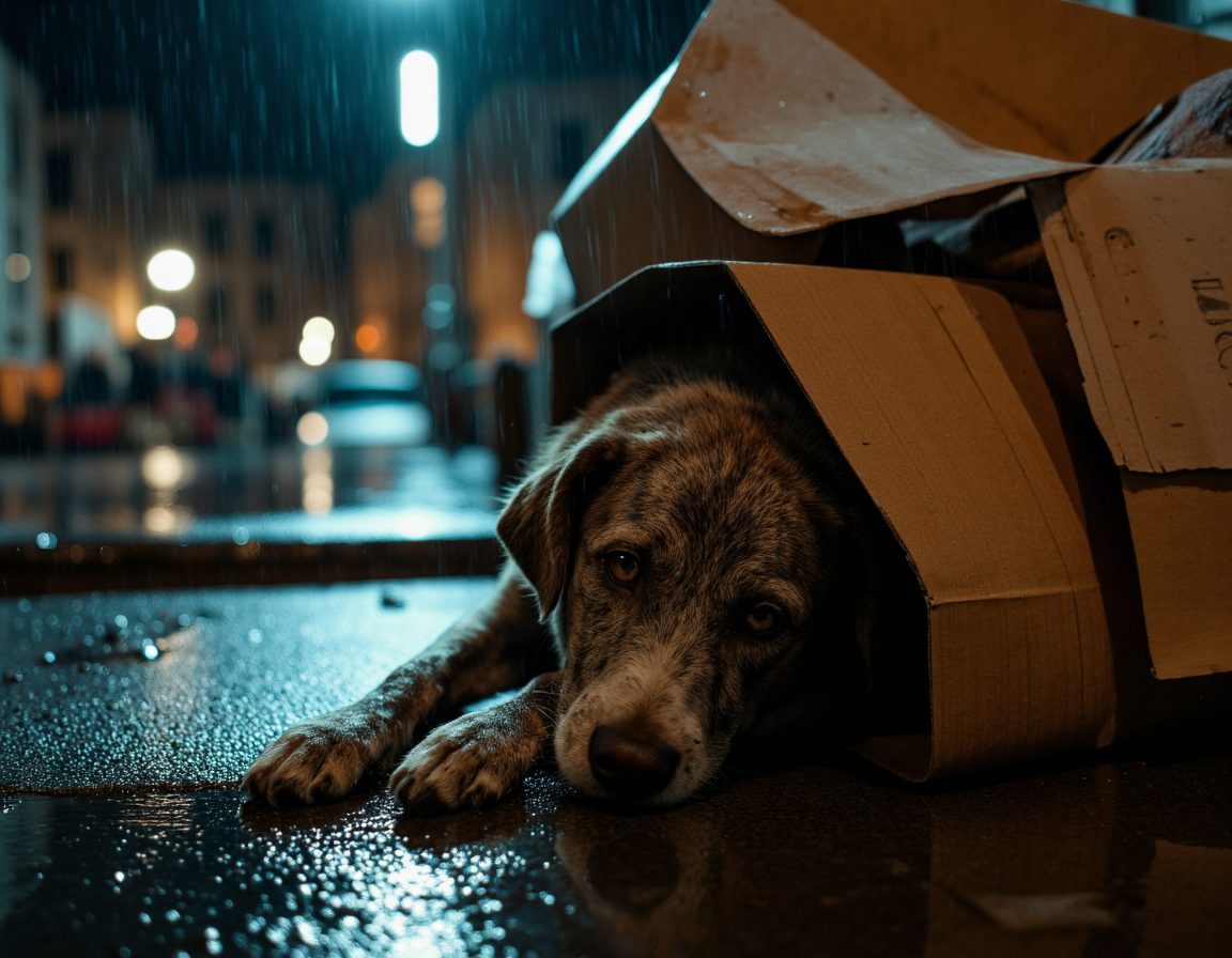 <lora:{people, }People:0.85> people, A heart-wrenching photorealistic image, captured in 4K resolution, depicting a homeless dog seeking refuge under a pile of discarded cardboard boxes to escape the relentless rain. The dog, a mix-breed with a mottled brown and grey coat, has a scruffy texture to its fur, with visible dirt and mud stains, and its big brown eyes are cast downward, conveying a sense of despair and hopelessness. Its ears are folded back, and its tail is tucked between its legs, as it tries to make itself as small as possible. The cardboard boxes, worn and torn, provide a meager shelter, with rainwater dripping from the edges, forming a small puddle beside the dog. The lighting is dim, with the only illumination coming from a distant streetlight, casting a warm, golden glow on the wet pavement, and a cool, blue tone on the rain-soaked boxes. The atmosphere is somber, with the sound of raindrops hitting the pavement and the boxes, creating a sense of melancholy. The background is a blurred, urban landscape, with towering buildings and parked cars, emphasizing the dog's isolation. The shot is a close-up, with a shallow depth of field, focusing on the dog's face and the cardboard boxes, while blurring the background, and the image features a slight film grain, adding to the sense of realism. The overall mood is one of sadness and desperation, highlighting the plight of homeless animals. The texture of the dog's fur, the cardboard boxes, and the wet pavement is hyper-detailed, with every strand of fur, every tear in the boxes, and every raindrop visible, creating a sense of immersion. The image is a powerful commentary on the harsh realities of life on the streets, and the struggles of those who are often forgotten. 8k highest resolution with sharp intricate details. Hyperrealistic, detailed, and vivid. . 35mm photograph, film, bokeh, professional, 4k, highly detailed