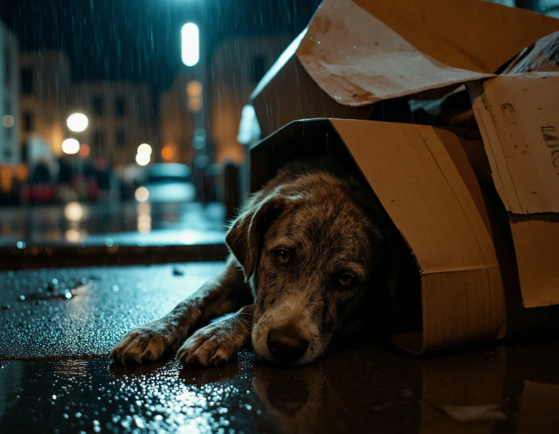 <lora:{people, }People:0.85> people, A heart-wrenching photorealistic image, captured in 4K resolution, depicting a homeless dog seeking refuge under a pile of discarded cardboard boxes to escape the relentless rain. The dog, a mix-breed with a mottled brown and grey coat, has a scruffy texture to its fur, with visible dirt and mud stains, and its big brown eyes are cast downward, conveying a sense of despair and hopelessness. Its ears are folded back, and its tail is tucked between its legs, as it tries to make itself as small as possible. The cardboard boxes, worn and torn, provide a meager shelter, with rainwater dripping from the edges, forming a small puddle beside the dog. The lighting is dim, with the only illumination coming from a distant streetlight, casting a warm, golden glow on the wet pavement, and a cool, blue tone on the rain-soaked boxes. The atmosphere is somber, with the sound of raindrops hitting the pavement and the boxes, creating a sense of melancholy. The background is a blurred, urban landscape, with towering buildings and parked cars, emphasizing the dog's isolation. The shot is a close-up, with a shallow depth of field, focusing on the dog's face and the cardboard boxes, while blurring the background, and the image features a slight film grain, adding to the sense of realism. The overall mood is one of sadness and desperation, highlighting the plight of homeless animals. The texture of the dog's fur, the cardboard boxes, and the wet pavement is hyper-detailed, with every strand of fur, every tear in the boxes, and every raindrop visible, creating a sense of immersion. The image is a powerful commentary on the harsh realities of life on the streets, and the struggles of those who are often forgotten. 8k highest resolution with sharp intricate details. Hyperrealistic, detailed, and vivid. . 35mm photograph, film, bokeh, professional, 4k, highly detailed