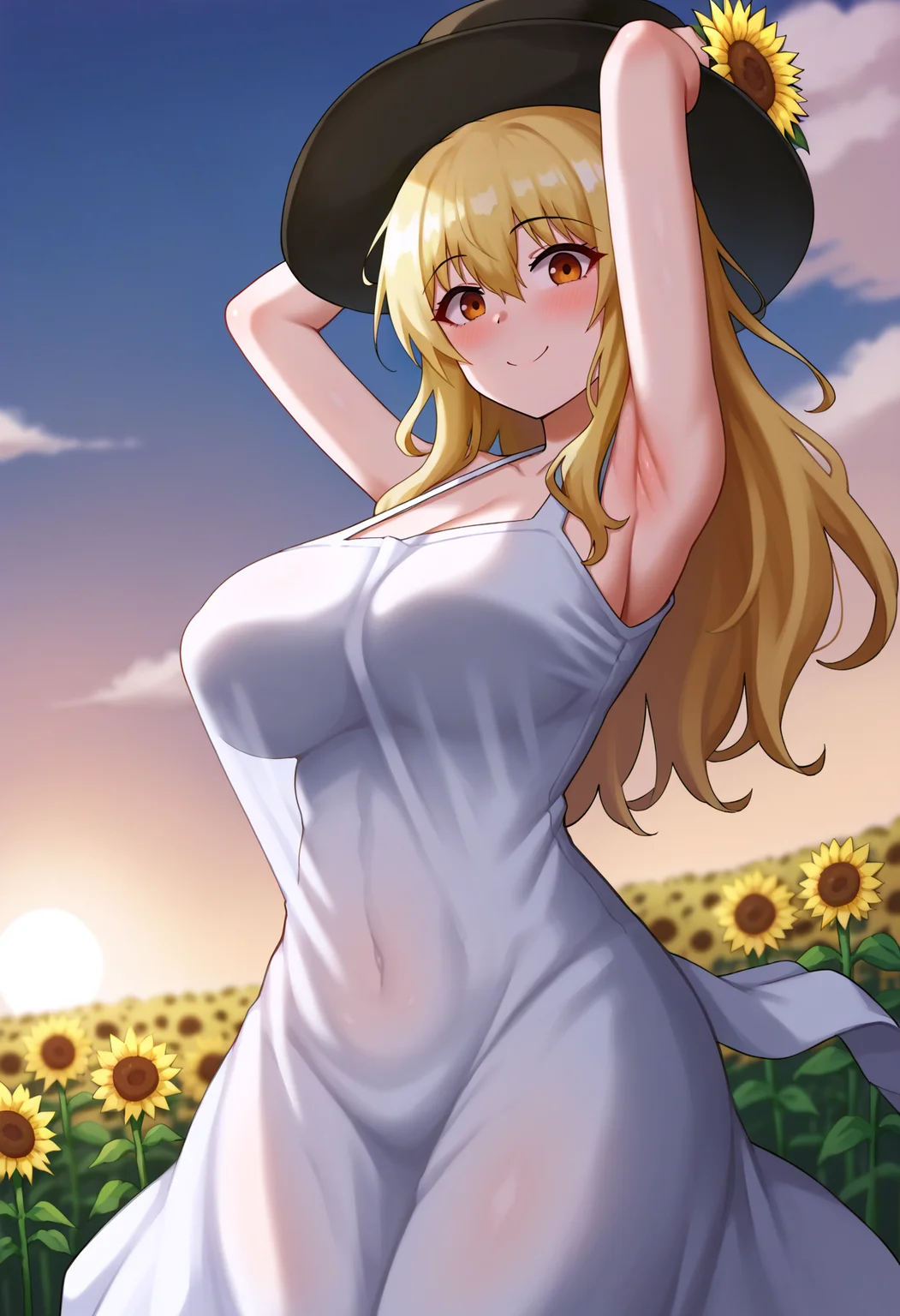 score_9, score_8_up, score_7_up, score_6_up, score_5_up, score_4_up,
simple background, gradient background,
refraction, caustics, rim lights, backlighting, bloom,
BREAK
source_anime, day, outdoors, sky, flower field, sunflower, sunflower field, sunset,
BREAK
1girl, sundress, sunhat, blonde hair, large breasts, see-through silhouette, happy, hair between eyes,
arms up, armpits, light smile,
<lora:Poper-v1-PDXL:1>