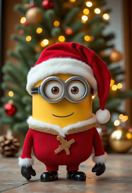 A Minion wearing festive christmas outfit, behind her there's a christmas tree