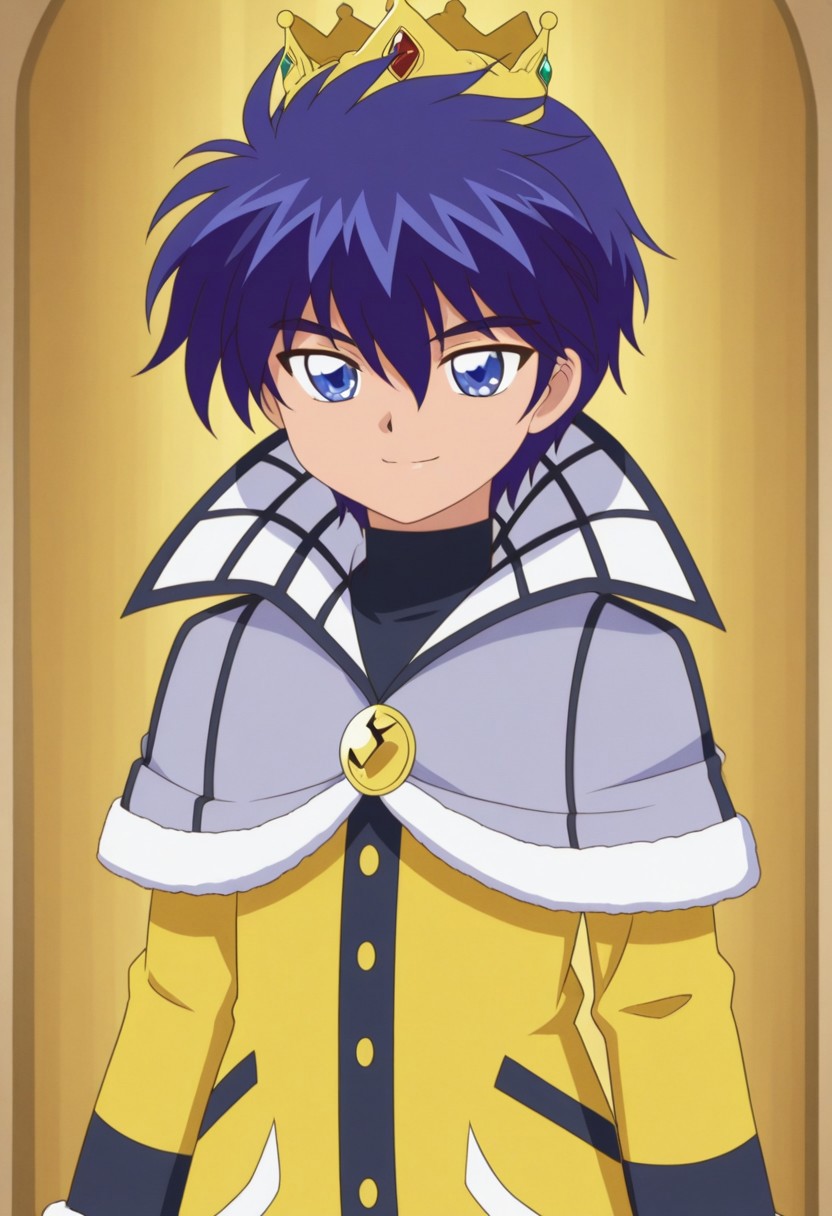 masterpiece,best quality,amazing quality, source_anime, retro artstyle,
sheido, 1boy, male focus, solo, blue eyes, blue hair, crown, shirt, black shirt, turtleneck, capelet, grey capelet, coat, yellow coat,  smile,
indoor,