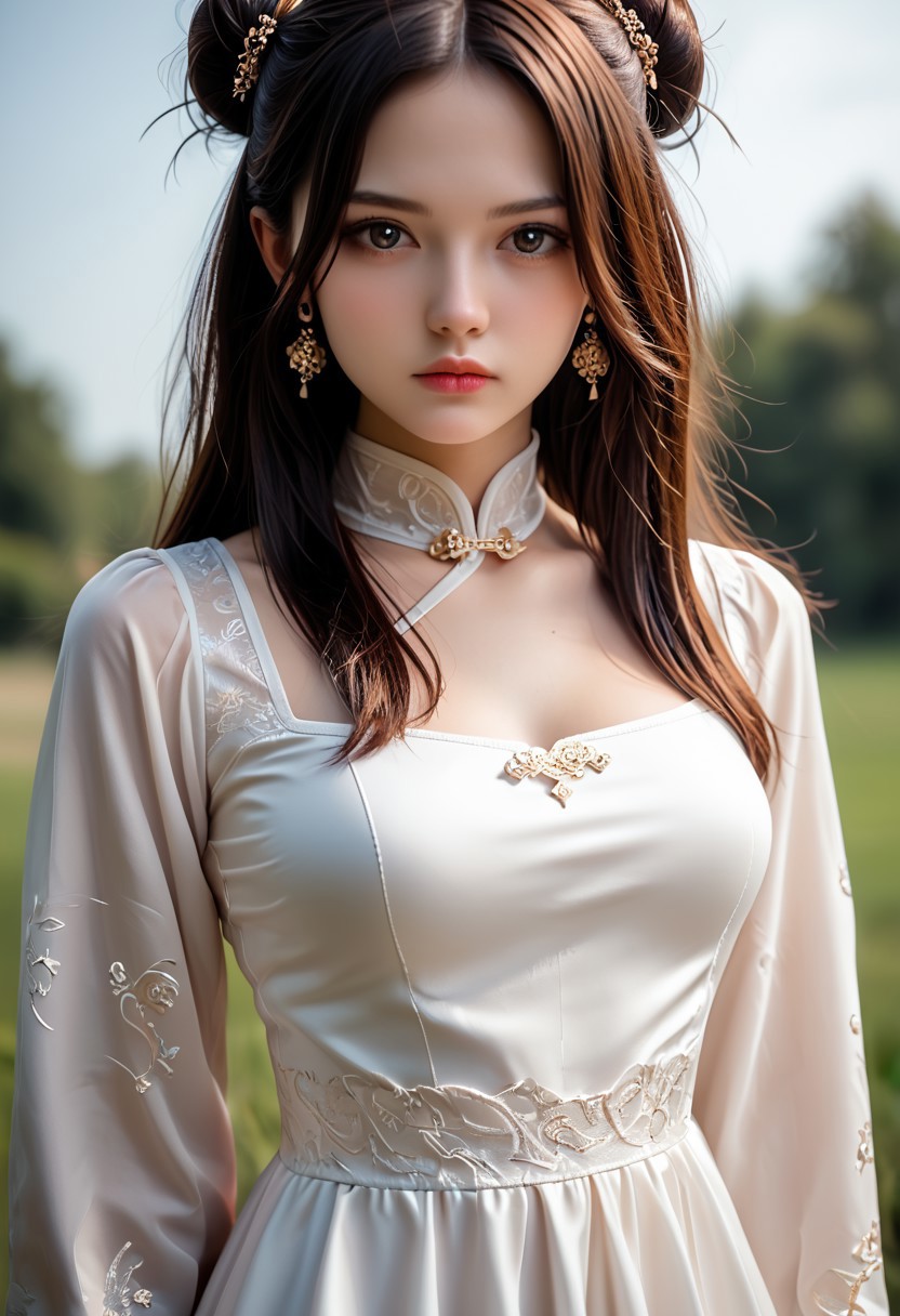 lazypos,masterpiece,ultra-HD,photorealistic,high detail,best quality,very aesthetic,8k,best quality,sharp focus,realistic,three quarter face shot,depth of field,shallow depth of field. 1girl,cowboy_shot,looking at,
viewer,lipstick, makeup, 
solo,dress,hair_ornament,long_hair,black_hair,jewelry,white_dress,earrings,expressionless,hair_bun,closed_mouth,chinese_clothes,blue_dress,long_sleeves,brown_hair,medium breasts,thighs,<lora:0  sdxl_lightning_4step_lora:0.7>,<lora:0  cfg_scale_boost:0.7>,<lora:1 xm a½æ¼« pony-c°cµa§¬ee¡£æ³ac_v1.0:0.7>