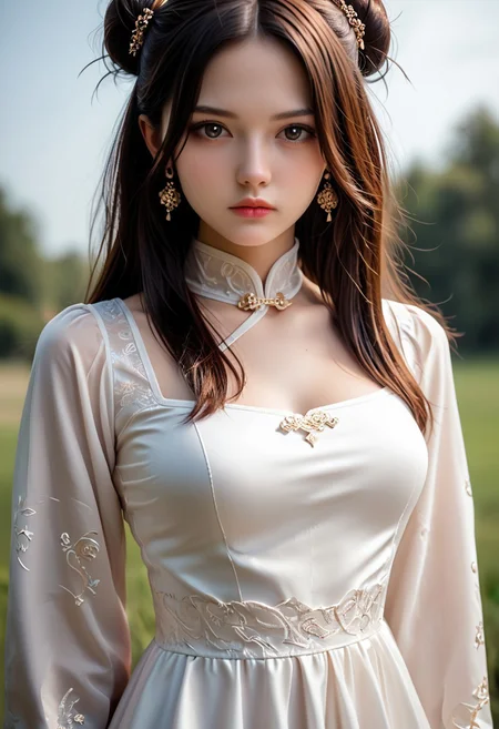 lazypos,masterpiece,ultra-HD,photorealistic,high detail,best quality,very aesthetic,8k,best quality,sharp focus,realistic,three quarter face shot,depth of field,shallow depth of field. 1girl,cowboy_shot,looking at,
viewer,lipstick, makeup,
solo,dress,hair_ornament,long_hair,black_hair,jewelry,white_dress,earrings,expressionless,hair_bun,closed_mouth,chinese_clothes,blue_dress,long_sleeves,brown_hair,medium breasts,thighs,<lora:0 sdxl_lightning_4step_lora:0.7>,<lora:0 cfg_scale_boost:0.7>,<lora:1 xm a½æ¼« pony-c°cµa§¬ee¡£æ³ac_v1.0:0.7>