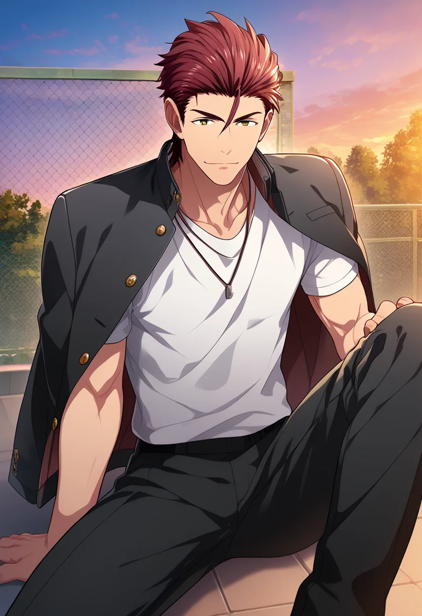 2boys, male focus, multiple boys,
<lora:Character - Kenka Bancho Otome - Houou Onigashima:1> houou, brown eyes, red hair, hair slicked back,
((zPDXL)), score_9_up, score_8_up, score_7_up, score_6_up, score_5_up, score_4_up, best quality, amazing quality, best aesthetic, absurdres, year2023, nsfw, game cg, official art, official style, uncensored,
<lora:Style - Ecstasy_Emperess:0.5> emper3ss, looking at viewer,
rooftop, chain-link fence, against fence, gakuran, white shirt, jewelry, black jacket, jacket on shoulders, layered clothes, necklace,