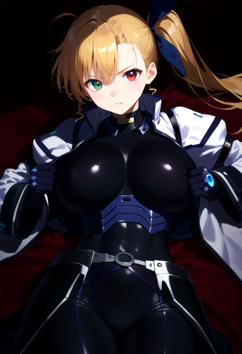 score_9, score_8_up, score_7_up, score_6_up, score_5_up, source_anime,
1girl, solo,
<lora:vivio:1> vivio, blonde hair, side ponytail, heterochromia, green eyes, red eyes, bodysuit, aged up, jacket,hair ribbon, blue ribbon
shiny skin, sweat, huge breasts, covered abs, lying,