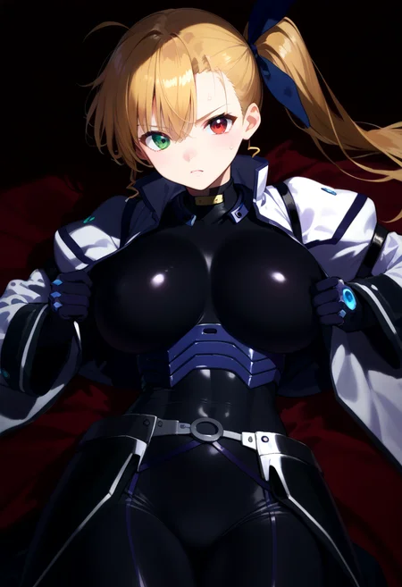 score_9, score_8_up, score_7_up, score_6_up, score_5_up, source_anime,
1girl, solo,
<lora:vivio:1> vivio, blonde hair, side ponytail, heterochromia, green eyes, red eyes, bodysuit, aged up, jacket,hair ribbon, blue ribbon
shiny skin, sweat, huge breasts, covered abs, lying,