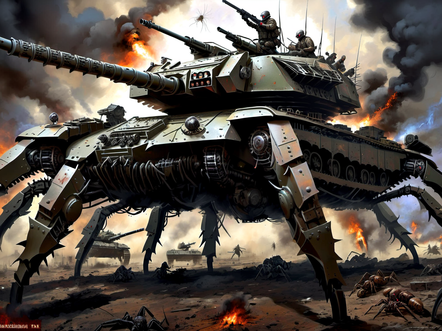 <lora:HorrorAI:.8> ArachnoPhobiaAI  battle tank, Highly detailed, horror setting, intricate detailed background