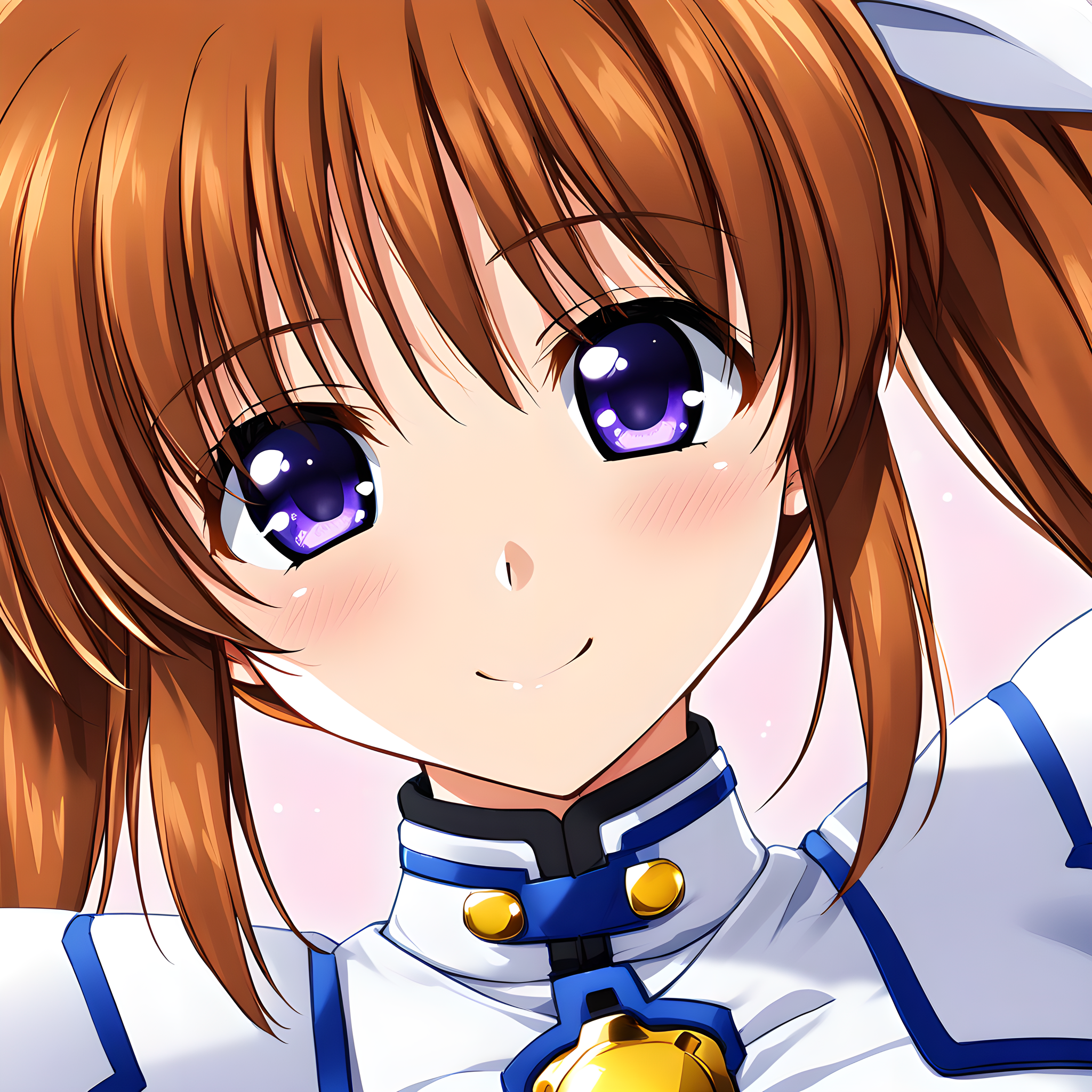 takamachi_nanoha, 1girl, solo, twintails, brown hair, smile, close-up, portrait, magical girl, purple eyes, <lora:Takamachi_Nanoha:1>