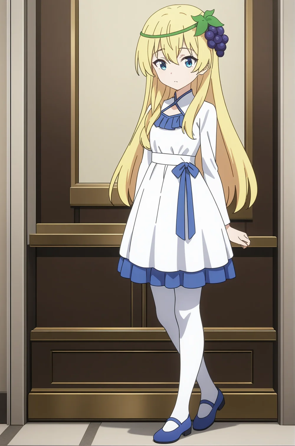 white dress white pantyhose blue flats, ks-iris, hair ornament, 1girl, solo, skinny, masterpiece, absurdres, high quality, highres, best quality, (full body:1.20), recent <lora:ks-iris-V01:0.5>