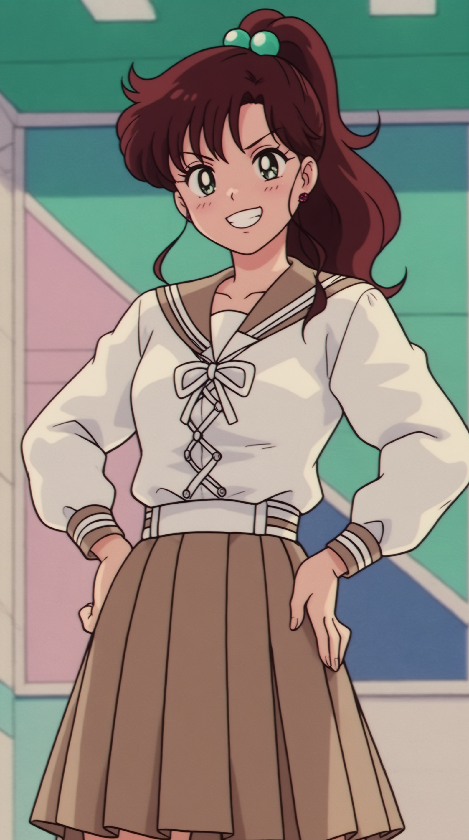 score_9, score_8_up, score_7_up, best background, detailed background, 4k, upscale, anime_source  Makoto Kino, School Uniform, solo, looking at viewer, smile, hands on hips, bent over, blush, grin,  <lora:JN_Makoto_Kino_Pony:0.8>