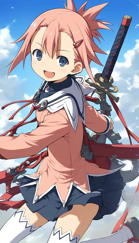 score_9, score_8_up, score_7_up, source_anime, rating_explicit, BREAK <lora:Aera_Colthearts_XL:1> Aera_Colthearts, blue eyes, hair ornament, pink hair, hairclip, short hair,
1girl, solo, thighhighs, weapon, sword, white thighhighs, zettai ryouiki, skirt, explosive, pink long sleeves, dark blue skirt,
open mouth,
smile,
looking at viewer,
cowboy_Shot,
blue sky, outdoor,