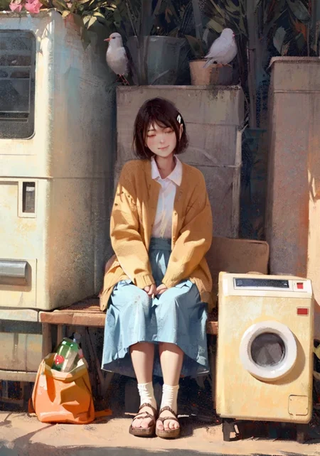 masterpiece, best quality,<lora:style60-a31:1>,traditional media,realistic,
1girl, plant, brown hair, solo, bench, potted plant, sitting, short hair, skirt, vending machine, wide shot, shoes, long sleeves, window, closed eyes, sandals, long skirt, outdoors, bird, hair ornament, bag, socks, smile, scenery, cardigan, yellow jacket, flower, bangs, trash can, blue skirt, hairclip, holding, can, tree, leaf, animal, washing machine, shirt, air conditioner, ground vehicle, book, jacket, closed mouth, english text, blush, white socks, bottle, building, brown footwear, looking at viewer