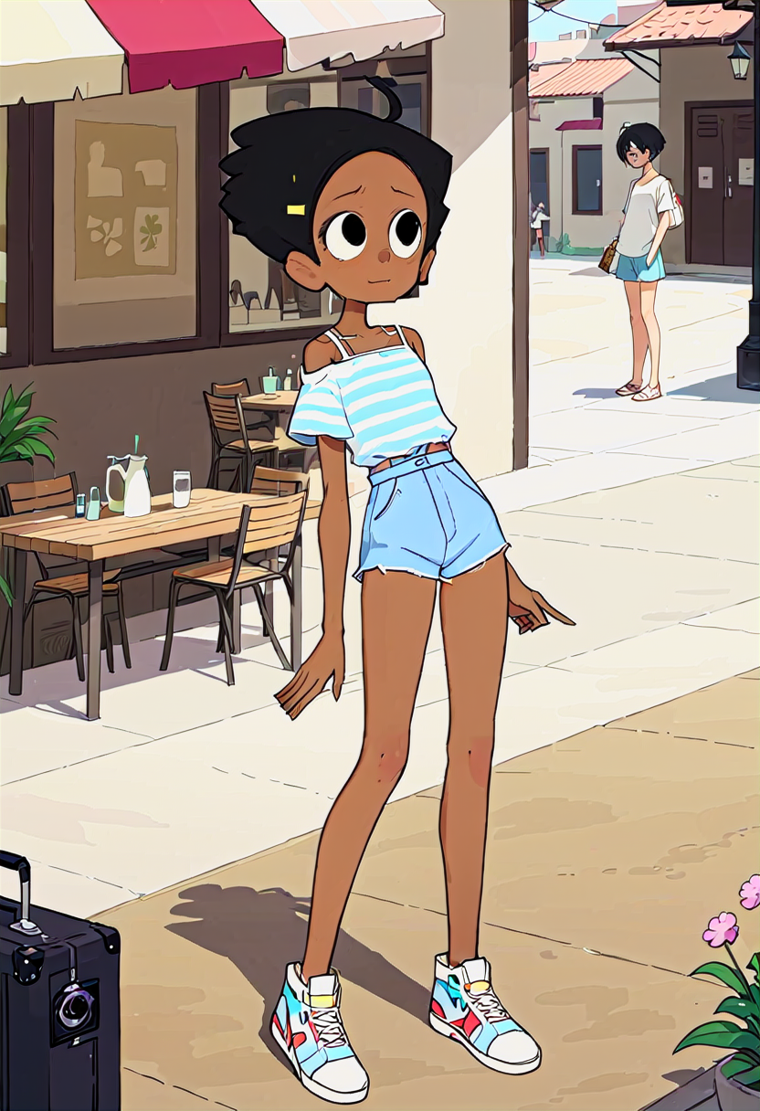 <lora:TwelveForever_Esther_XL:1.0>, esther \(regular\), full body, :d, esther, twelve forever, 1girl, solo, dark skin, short hair, black hair, black eyes, summer, masterpiece, best quality