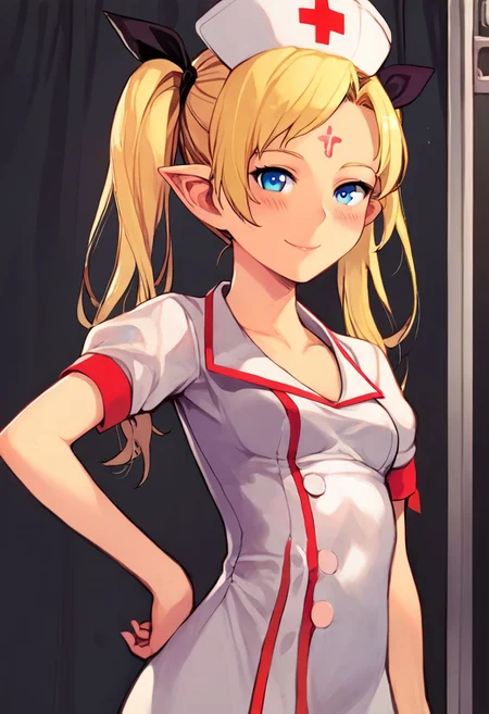 solo, looking at viewer, score_9, score_8_up, score_7_up, score_6_up, score_5_up, score_4_up, rating_questionable, , source_anime, digital illustration, pixiv, fanbox, uncensored, slightly pointed ears,, 1girl tilarna exedilika, forehead mark twintails, blonde hair, blue eyes, hair ribbon, (best quality) , (highly detailed) ,masterpiece ,absurdres ,detailed face ,beautiful face ,(detailed eyes, deep eyes, anime eyes) ,1girl , solo, upper body, slight smile, small breasts, nurse cap, one eye closed, white dress, garter straps, thighhighs, blush, short sleeves, ;d, black thighhighs, looking at viewer, female focus, nurse, hat, indoors, dress, hand on hip, bow, collarbone, infirmary,
cowboy shot, black background,