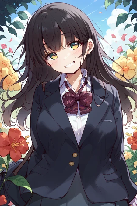 score_9, score_8_up, score_7_up, score_6_up,
<lora:Marost:1> marost, 1girl, solo, flowers, smile, long hair, black hair, bow, school uniform, jacket, red bow, bowtie, shirt