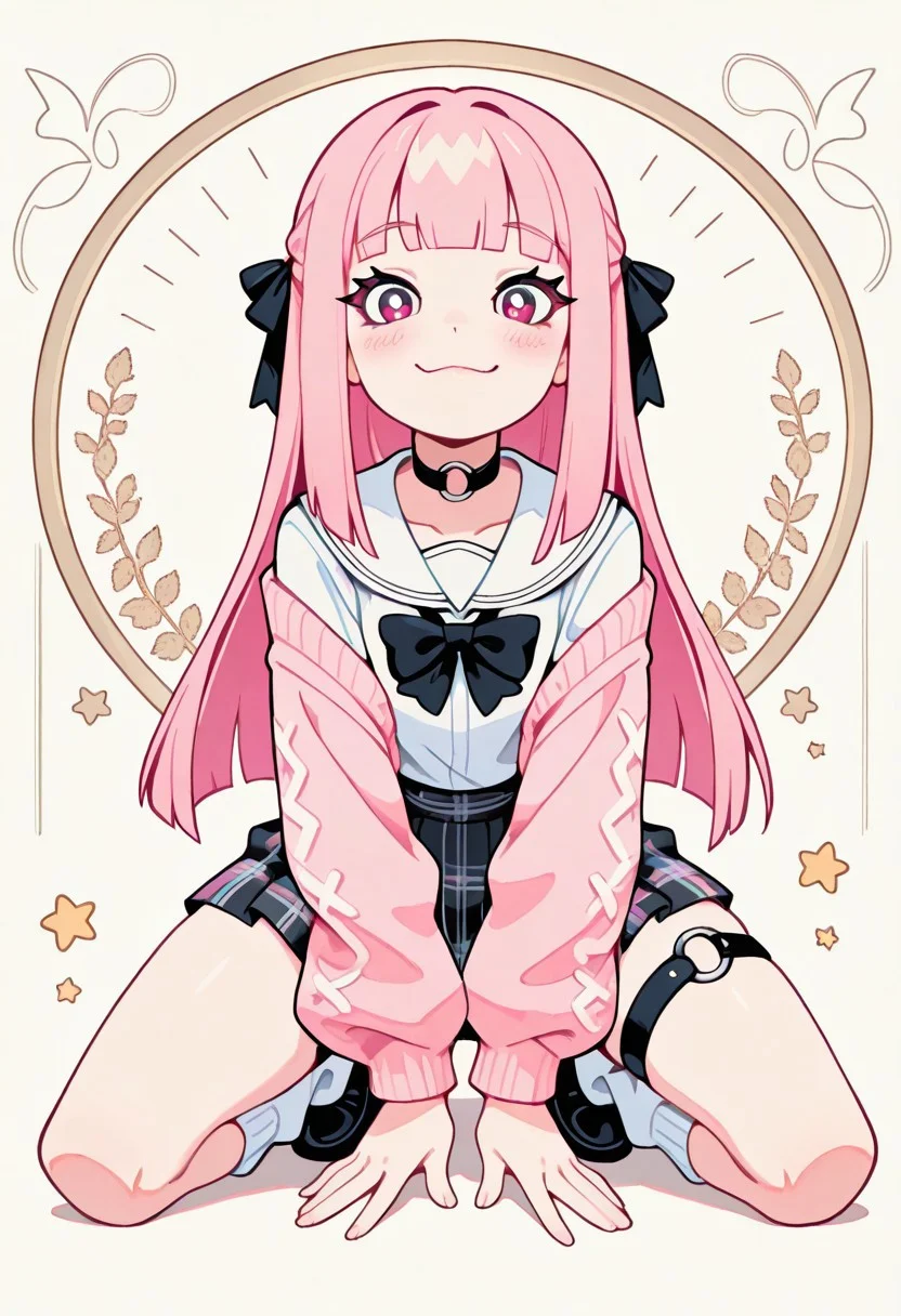 1 girl , solo , blushing , closed mouth , bratty smile , eyelashes , cute , long straight hair , blunt bangs , winking , star , ribbon , hair ribbon ,
slim , slender ,
thigh strap, choker, o-ring choker, pink cardigan, bowtie, white shirt, tucked in, plaid skirt, pleated skirt, white socks, loose socks, black footwear,
full body view, kneeling, spread legs, leaning forward,
from front, front view, straight-on, look at viewer,
masterpiece, best quality ,amazing quality ,S4bit4mago_illu , Protoneon ,s0wasow4rt_illu, t1m3r