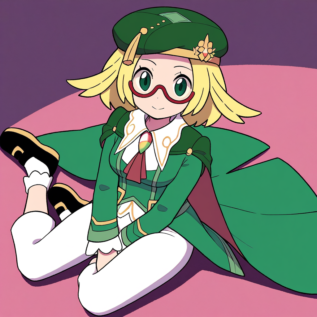 2d, masterpiece, best quality, amazing quality, highres, absurdres, newest, 1girl, solo, sitting, yokozuwari, from above, dutch angle, looking at viewer, multicolored background, simple background, colorful background, medium breasts, ncbianca, def colors, short hair, blonde hair, green_eyes, shoes, glasses, bobby socks, white socks, white pants, black footwear, green coat, red ascot, green_headwear, beret, semi-rimless_eyewear, red-framed eyewear, green cape, two-sided coat, collared shirt, white shirt, red gemstone, green gemstone, long sleeves