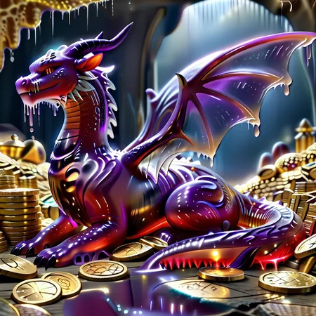 1dragon, highly detailed deep purple dragon, deep purple dragon made out of slime, scaly deep purple slime dragon, slime dragon with red eyes, deep purple slime dragon laying in its hoard, blue slime dragon with wings, dragon wings, detailed claws, detailed feet, detailed tail,
multi-colored gems made out of slime, in a room of treasure made out of slime, gold coins and bars made out of slime, piles of coins, piles of gold slime coins, piles of gold slime, tiny gold slime coins, no large coins, no medium coins, only tiny coins,
treasure-room, treasure, gemstone, coins, gold bars, gold pile, 
everything made of slime, No simple background,
((translucent slime)), ((transparent slime)), (bioluminescent slime), sl1m3, slime, ais-blmn, watce, je11y, thickwater, great lighting, ral-lava, even lighting, no bright spots, saturated colors,