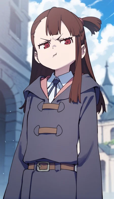 score_9,score_8_up,score_7_up,
<lora:AtsukoKagari:0.9>,akkokagari,
1girl,solo,brown hair,long hair,bangs,short ponytail,red eyes,looking at viewer,furrowed brow,puffed out,pout,witch robe,white collar,bowtie,portrait,
blurry background,outdoors,light particles,blue sky,bloom,cloud,street,castle,lens_flare,