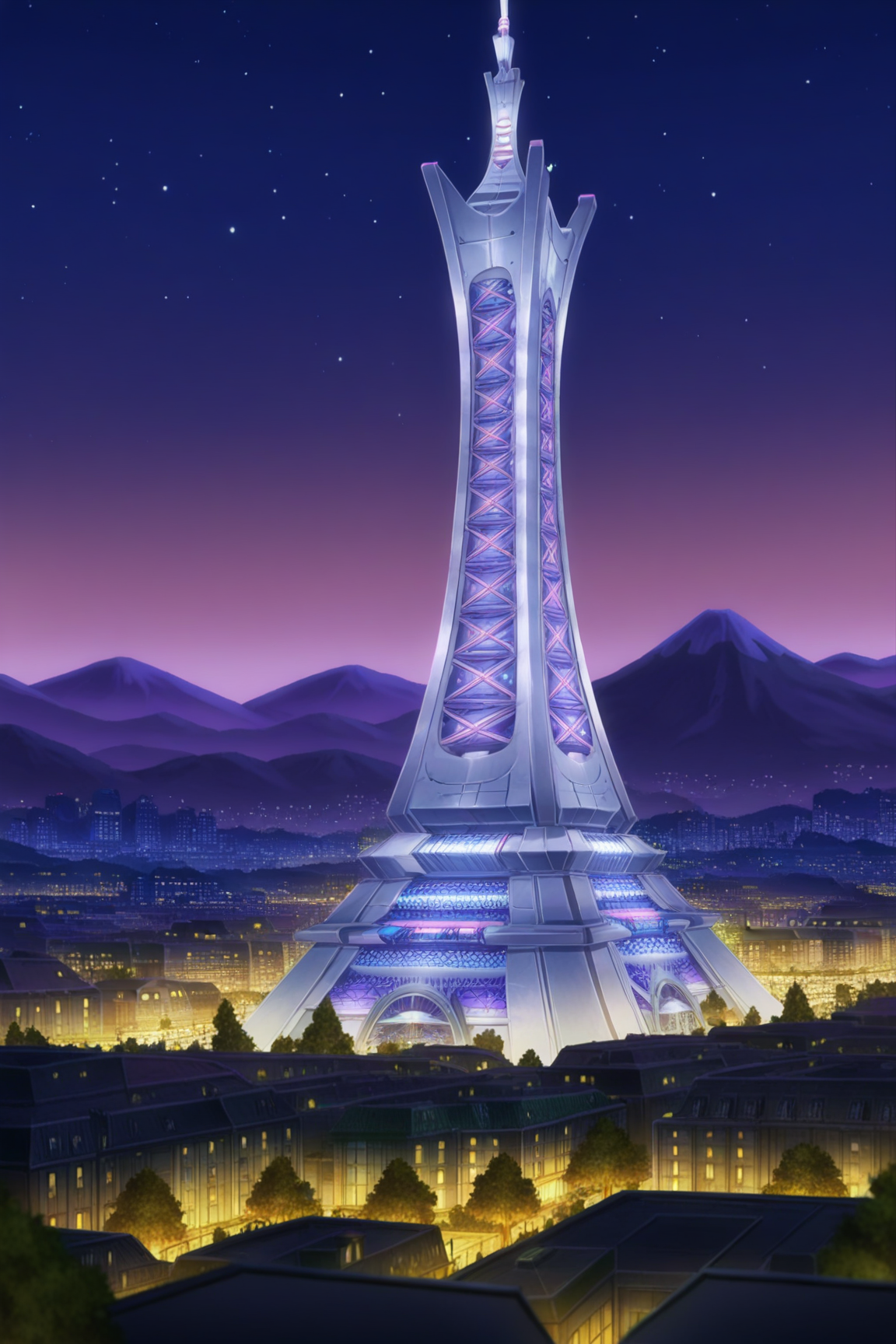 anime, animification, anime screencap, anime coloring, vivid colors, depth of field, high quality, highres, lumiose city, outdoors, ((sky)), tree, no humans, night, building, star, prism tower, tower, night sky, scenery, starry sky, mountain, city, cityscape, landscape, city lights
 <lora:Lumiose_city-10:1>