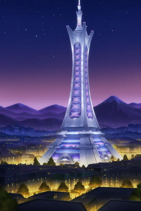 anime, animification, anime screencap, anime coloring, vivid colors, depth of field, high quality, highres, lumiose city, outdoors, ((sky)), tree, no humans, night, building, star, prism tower, tower, night sky, scenery, starry sky, mountain, city, cityscape, landscape, city lights
<lora:Lumiose_city-10:1>