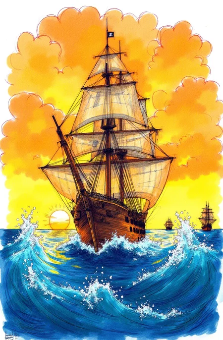 Sharp image of a rough sketch, rendered in vibrant multi colour ballpoint pen, capturing the adorable features of a digital illustration of a pirate ship sailing in the ocean at sunset. The ship is a tall ship with multiple masts and sails, and it is sailing on a turbulent sea with large waves crashing around it. The sky is filled with orange and yellow clouds, and the sun is setting in the background, casting a warm glow over the scene. There are two smaller ships visible in the distance, one on the right side of the image and the other on the left side. The colors are vibrant and the overall mood of the illustration is dramatic and dramatic.  p3nsk, <lora:p3nsk:1>