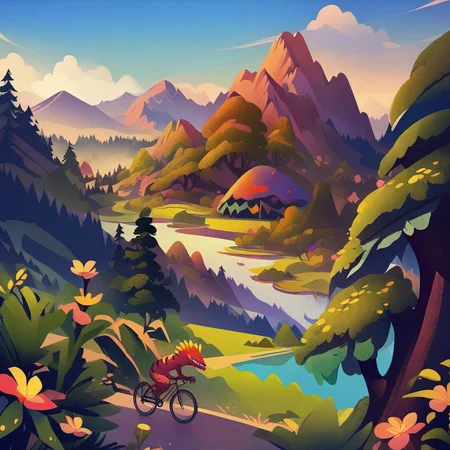 illustration,outdoors,scenery,flower,mountain,masterpiece,best quality,monster,tree,plant,hat,bike,<lora:scenery illustration:1>,