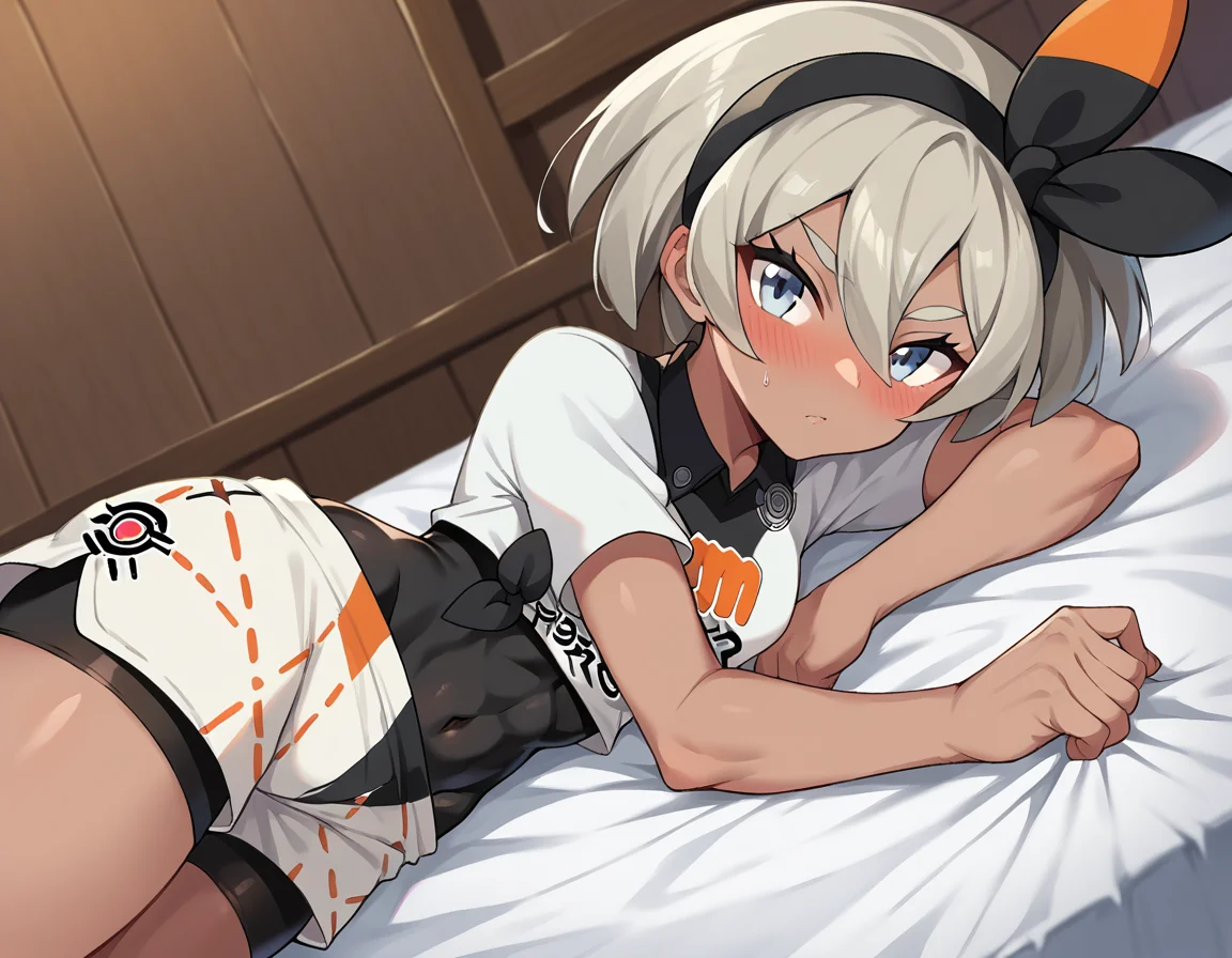 score_9, score_8_up, score_7_up, source_anime,
pokemonbea, <lora:pokemon-bea-ponyxl-lora-nochekaiser:1>
pokemonbea, blue eyes, dark skin, dark-skinned female, grey hair, hair between eyes, short hair, ribbon, hair ribbon, hairband, black ribbon, black hairband,
bodysuit, covered navel, shorts, single glove, glove, crop top, white shirt, short sleeves, collar, white shorts,
indoors, bed, bed room, on side, blush, drunk,
looking at viewer, cowboy shot, dutch angle,