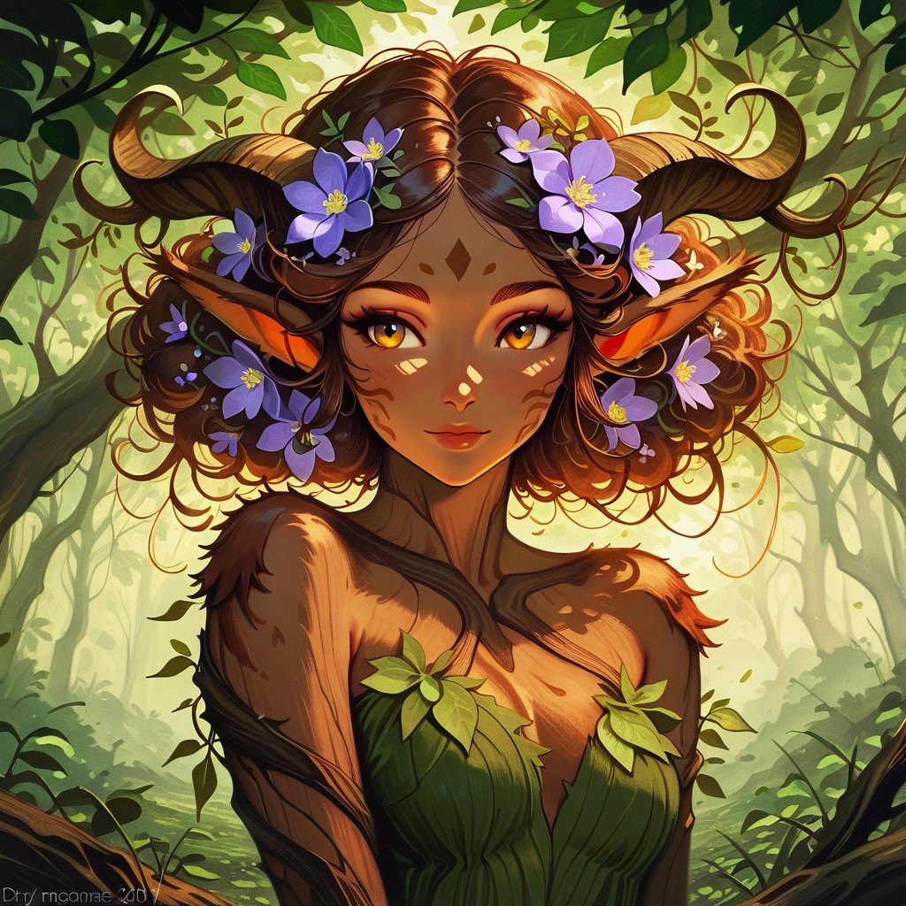best quality, classic media, masterpiece, classic media, traditional media, oil painting, 1girl, faun, satyr, Dryad-NatureThemeV1 dryad, nature(theme) tree, leaf, nature, flower, pointy ears, bark skin, bark, dryad, nature(theme) wooden skin, bark skin, bark, dryad, nature(theme), wood