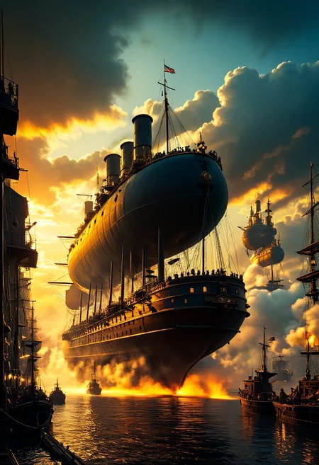 In the expansive harbor, a fleet of Victorian steampunk airships soars through the sky, their bronze and iron hulls glistening in the diffused morning light. Gears and propellers churn rhythmically, while steam hisses from the vents, propelling the airships toward the distant horizon. Below, the ground is a hive of activity, where an army clad in polished iron armor stands at attention, awaiting orders. The soldiers, positioned in precise formations, prepare to board the massive battleships docked along the pier. The navy's imposing vessels, crafted with industrial-era ingenuity, are lined up, chimneys spewing thick plumes of smoke into the sky. A sense of anticipation permeates the air as the forces ready for battle. The city behind them, with its towering gothic architecture, casts long shadows across the harbor, adding to the tension. The dramatic, low-angle shot captures the converging forces of air and sea, amplifying the chaos and strategic intensity of the moment. The sky darkens as storm clouds gather, setting an epic and moody cinematic tone. Victorian age, industrial evolutionary-era. (Ultra-realistic, 32k, Masterpiece, High Quality, Detailed Realistic Background, Official Art, Realistic Lighting, filmfotos, film grain, reversal film photography)