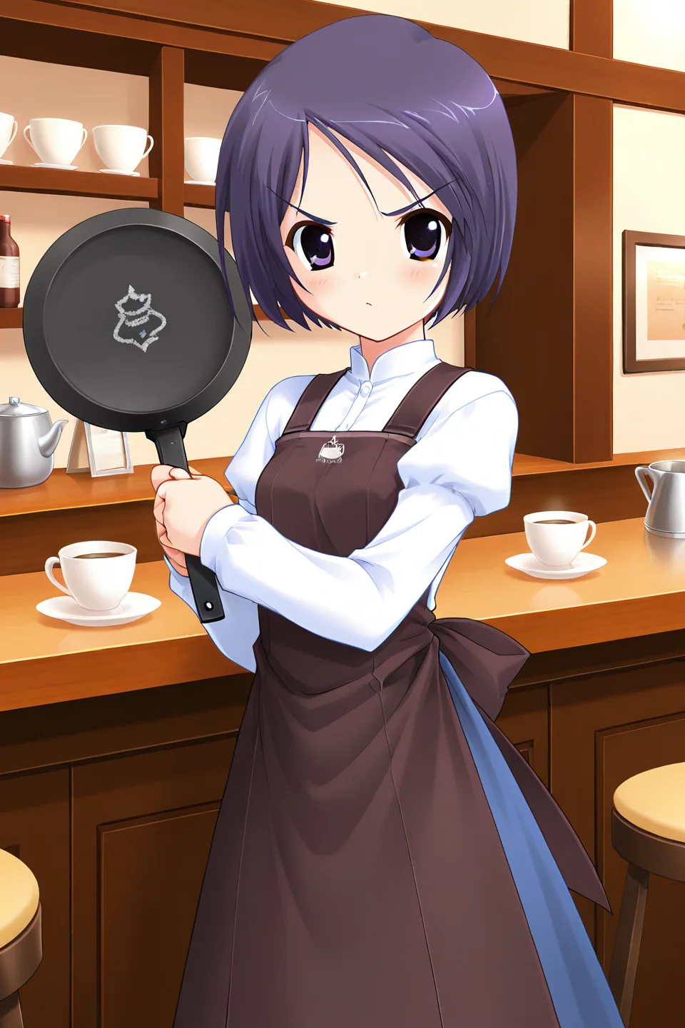 masterpiece, best quality, absurdres, official art, official style, rating general BREAK <lora:katsurazawahonami_IL_v1-2:0.7>, katsurazawa honami, 1girl, solo, purple eyes, purple hair, short hair, bob cut, parted bangs, swept bangs, small breasts BREAK pinafore dress, sleeveless dress, brown apron, back bow, brown bow, white shirt, dress shirt, collared shirt, juliet sleeves, blue skirt, blush, >:, :<, v-shaped eyebrows, closed mouth, frown, standing, holding frying pan, mysterious symbols, ancient script, looking at viewer, cowboy shot, indoors, cafe, counter, table, chair, teacup, coffee, menu, saucer, teapot, mug, kitchen, angry, shelf, clock